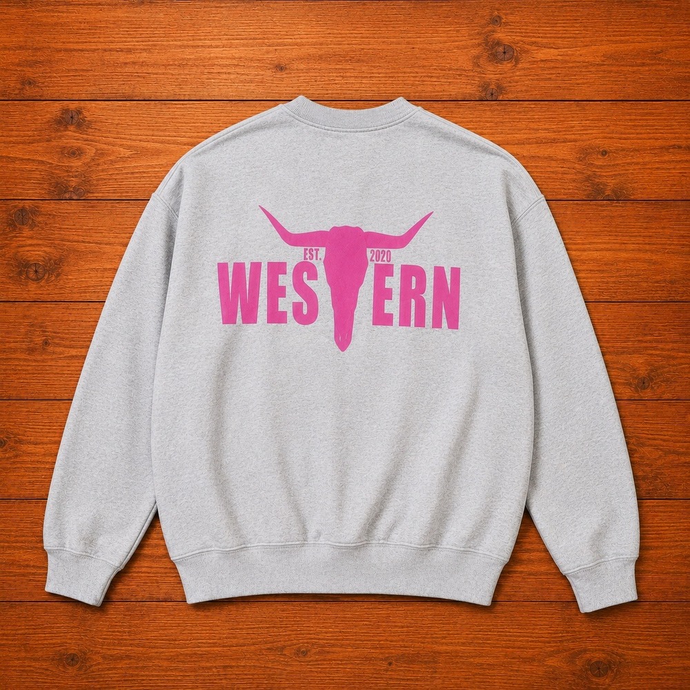 Western Est 2020 Longhorn Skull Graphic Sweatshirt Gray Pink Crewneck Pullover